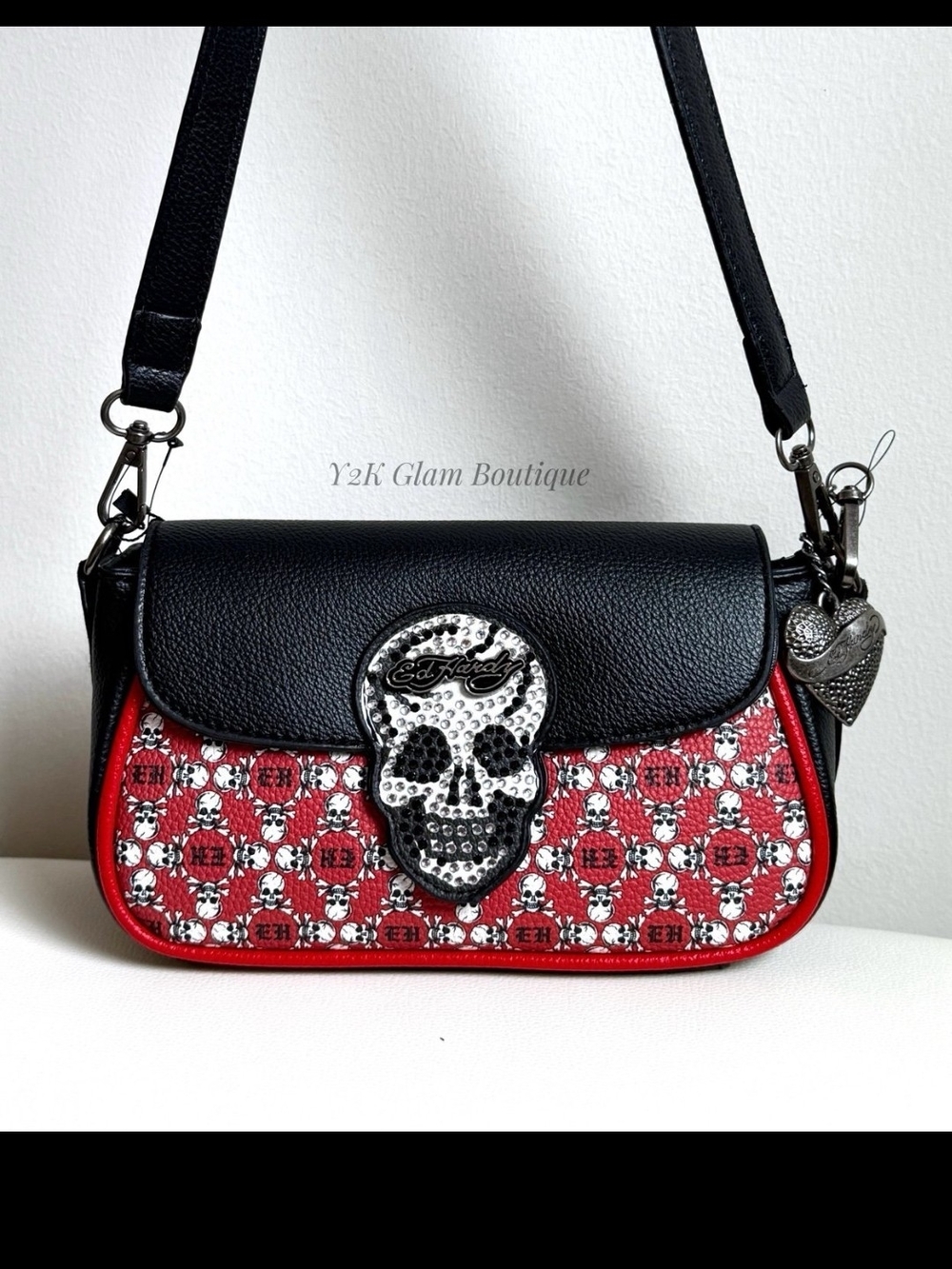 Ed Hardy Black and Red Skull Motif Crossbody Bag Y2K Embellished Rhinestones